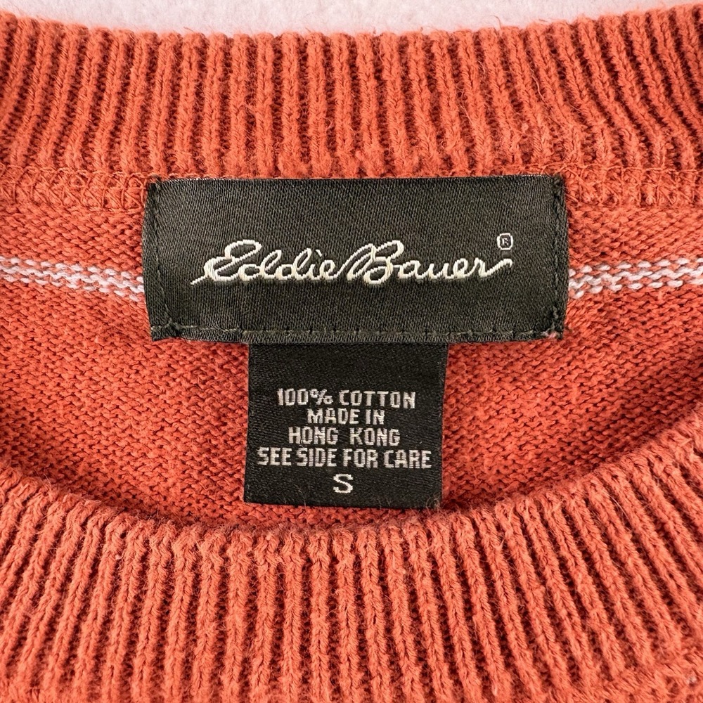 Eddie Bauer Sweater Mens Small Orange Rust Striped Cotton Knit Crewneck Pullover - Picture 3 of 6